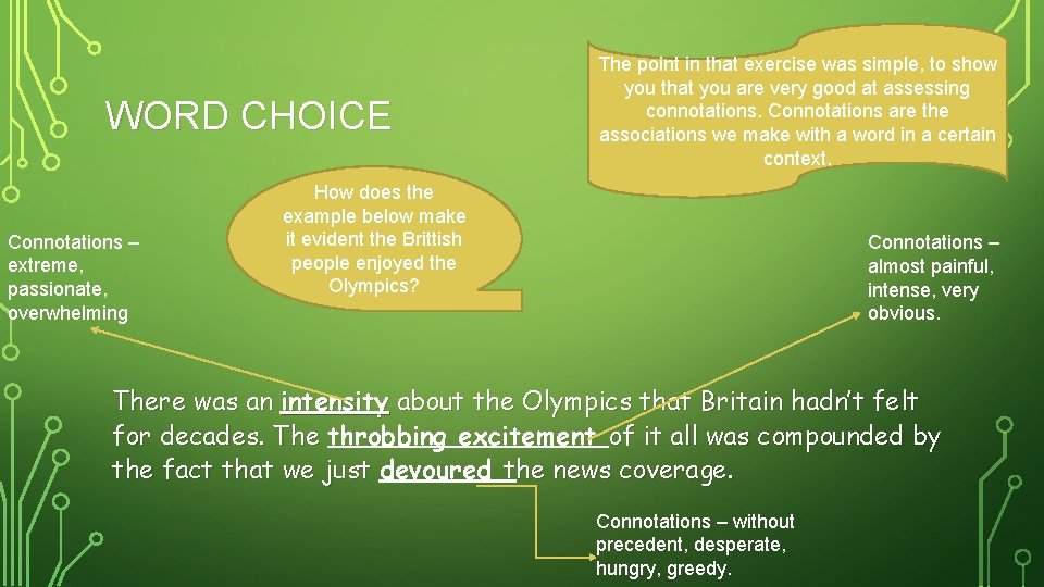 WORD CHOICE Connotations – extreme, passionate, overwhelming The point in that exercise was simple,