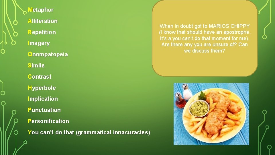 Metaphor Alliteration Repetition Imagery Onompatopeia Simile Contrast Hyperbole Implication Punctuation Personification You can’t do