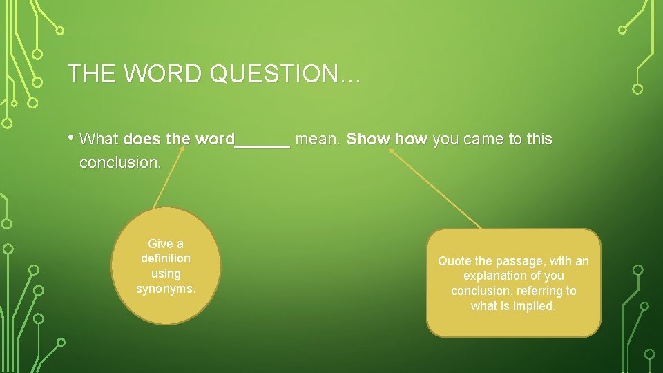 THE WORD QUESTION… • What does the word______ mean. Show you came to this