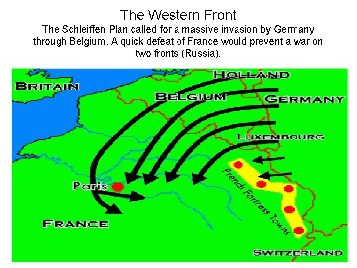 The Western Front The Schleiffen Plan called for a massive invasion by Germany through