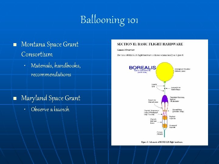Ballooning 101 n Montana Space Grant Consortium • Materials, handbooks, recommendations n Maryland Space