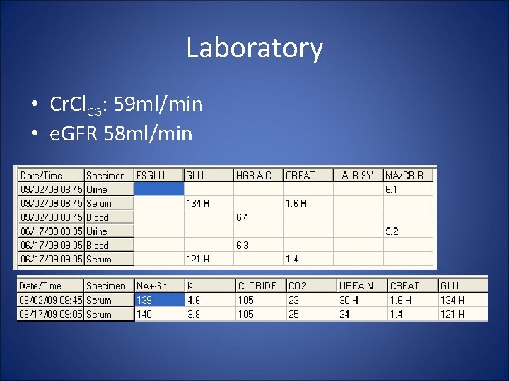 Laboratory • Cr. Cl. CG: 59 ml/min • e. GFR 58 ml/min 