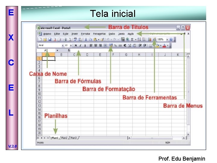 E Tela inicial X C E L V. 3. 0 Prof. Edu Benjamin 