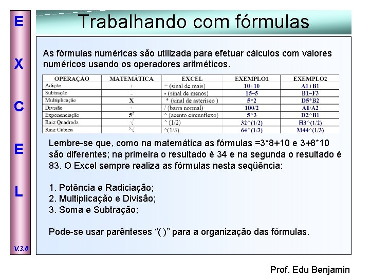 E X Trabalhando com fórmulas As fórmulas numéricas são utilizada para efetuar cálculos com