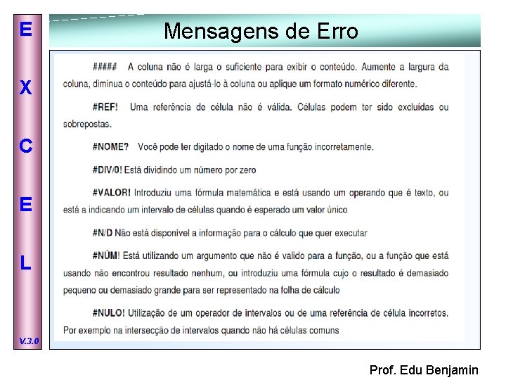 E Mensagens de Erro X C E L V. 3. 0 Prof. Edu Benjamin