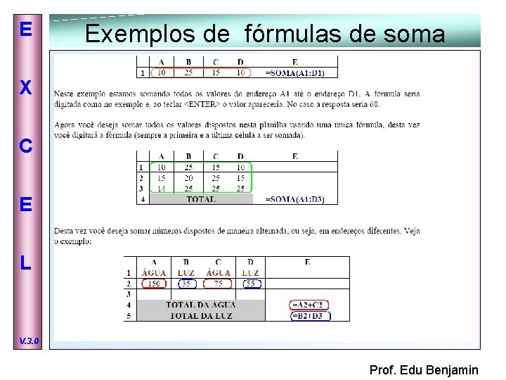 E Exemplos de fórmulas de soma X C E L V. 3. 0 Prof.