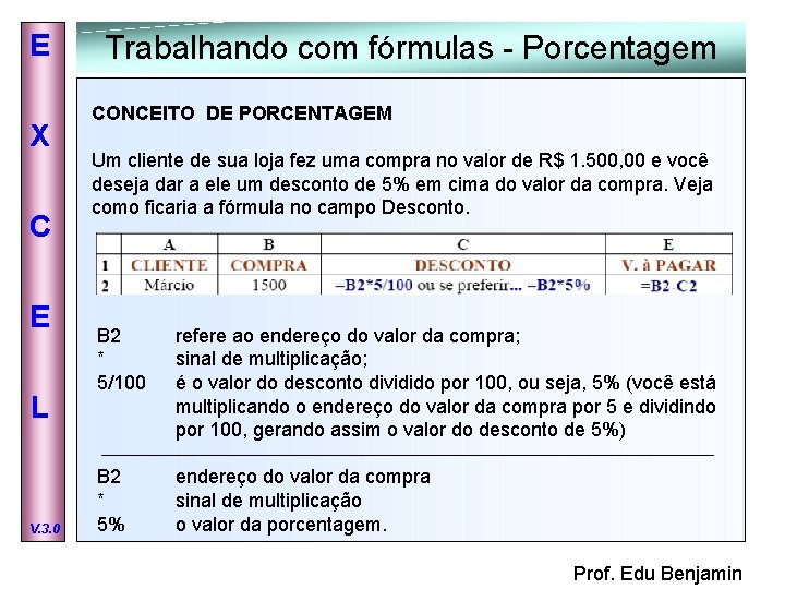 E X C E L V. 3. 0 Trabalhando com fórmulas - Porcentagem CONCEITO