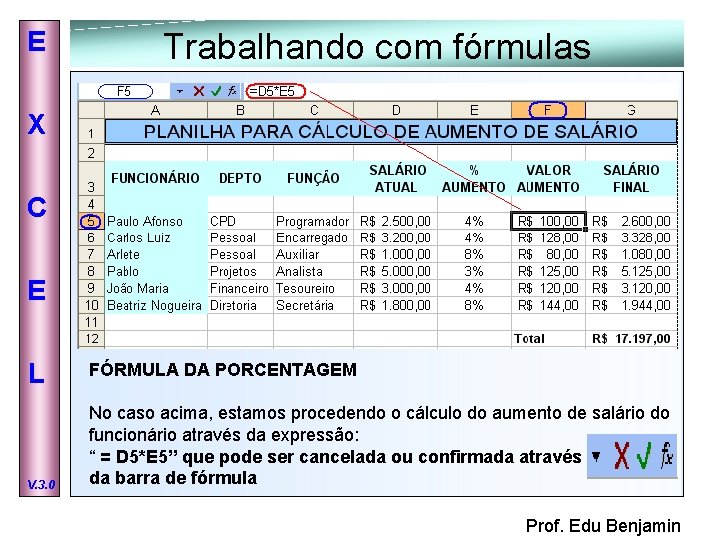 E Trabalhando com fórmulas X C E L V. 3. 0 FÓRMULA DA PORCENTAGEM