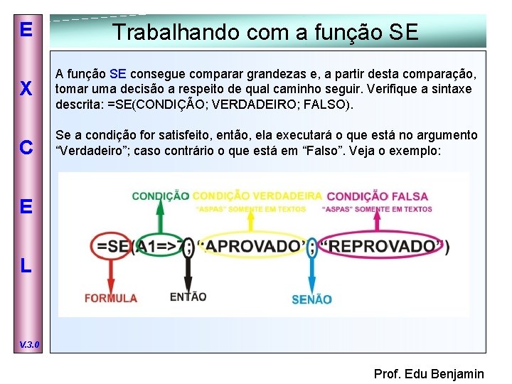 E Trabalhando com a função SE X A função SE consegue comparar grandezas e,