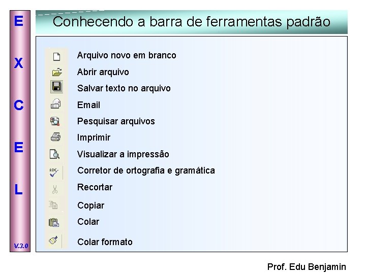 E X Conhecendo a barra de ferramentas padrão Arquivo novo em branco Abrir arquivo