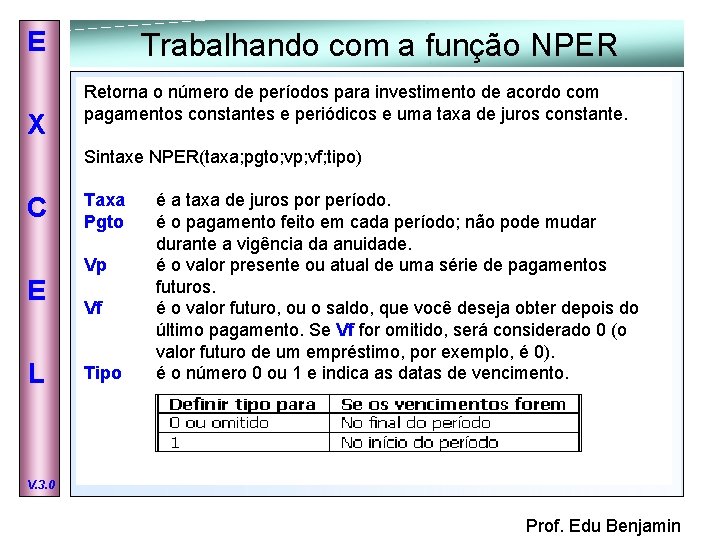 E X Trabalhando com a função NPER Retorna o número de períodos para investimento