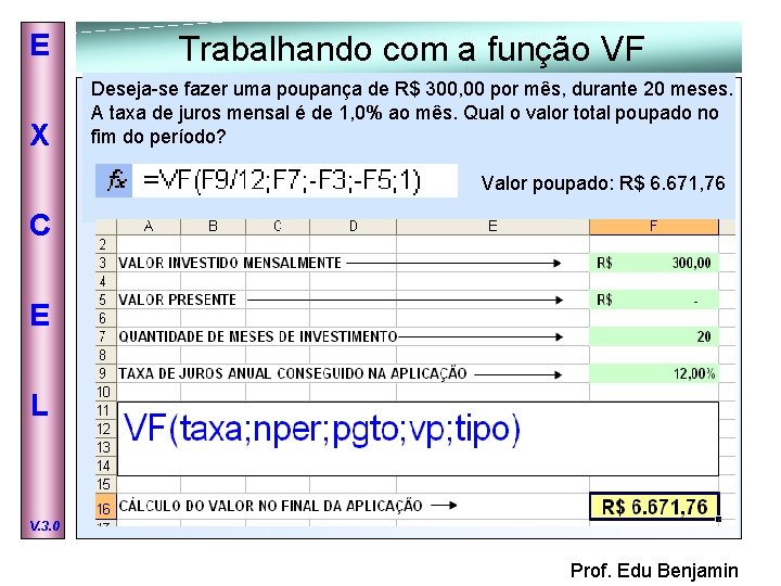 E Trabalhando com a função VF X Deseja-se fazer uma poupança de R$ 300,