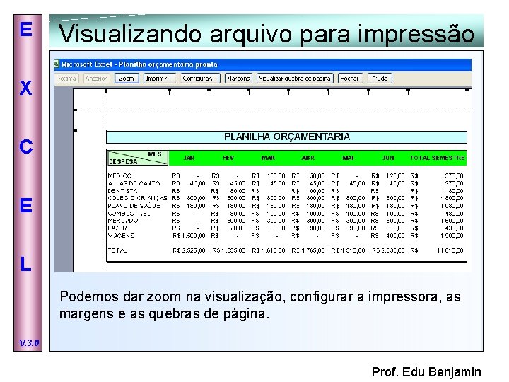 E Visualizando arquivo para impressão X C E L Podemos dar zoom na visualização,