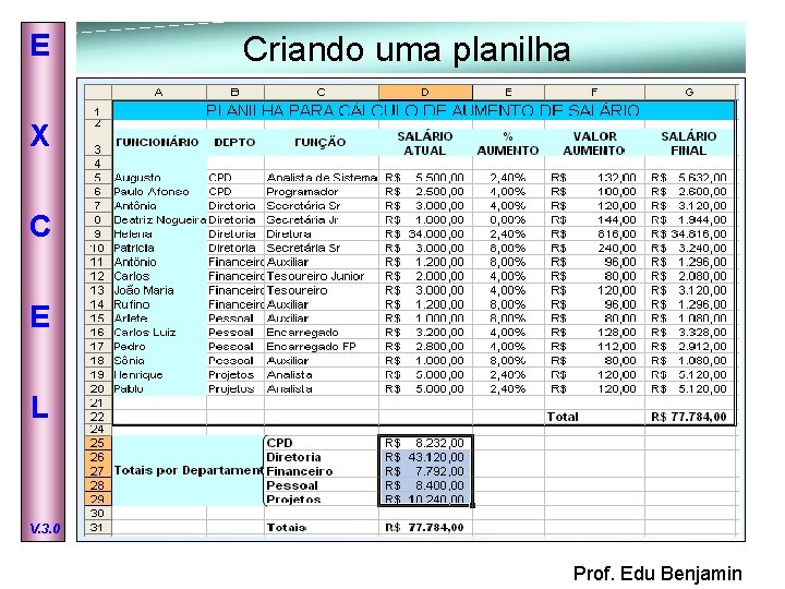 E Criando uma planilha X C E L V. 3. 0 Prof. Edu Benjamin