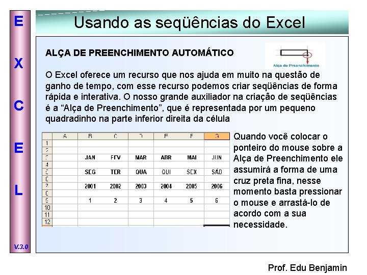 E X C E L Usando as seqüências do Excel ALÇA DE PREENCHIMENTO AUTOMÁTICO