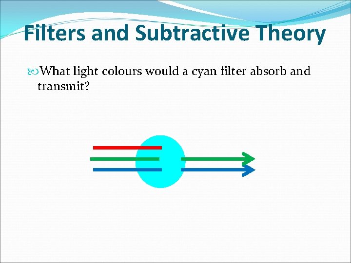 Filters and Subtractive Theory What light colours would a cyan filter absorb and transmit? Filters and Subtractive Theory What light colours would a cyan filter absorb and transmit?