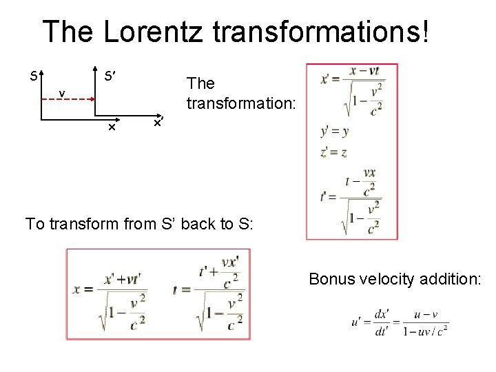 The Lorentz transformations! S v S’ x The transformation: x’ To transform from S’