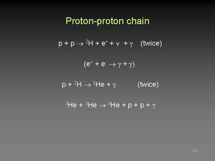 Proton-proton chain p + p 2 H + e + + + γ (twice) Proton-proton chain p + p 2 H + e + + + γ (twice)