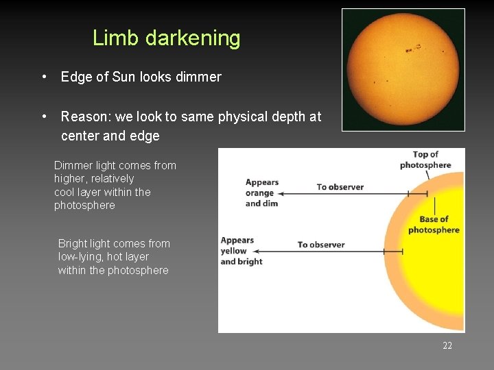 Limb darkening • Edge of Sun looks dimmer • Reason: we look to same Limb darkening • Edge of Sun looks dimmer • Reason: we look to same
