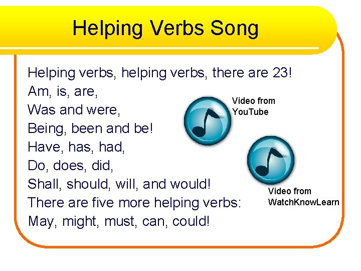 Helping Verbs Song Helping verbs, helping verbs, there are 23! Am, is, are, Video