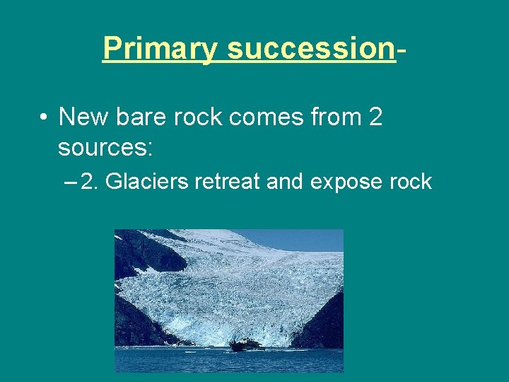 Primary succession • New bare rock comes from 2 sources: – 2. Glaciers retreat