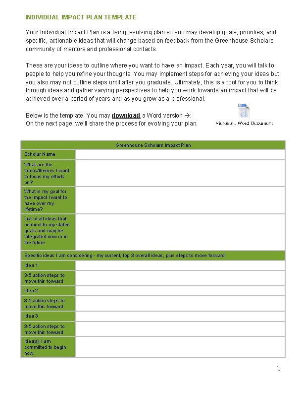 INDIVIDUAL IMPACT PLAN TEMPLATE Your Individual Impact Plan is a living, evolving plan so