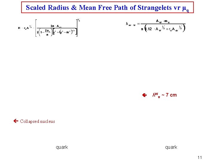 Scaled Radius & Mean Free Path of Strangelets vr μq λWπ ~ 7 cm