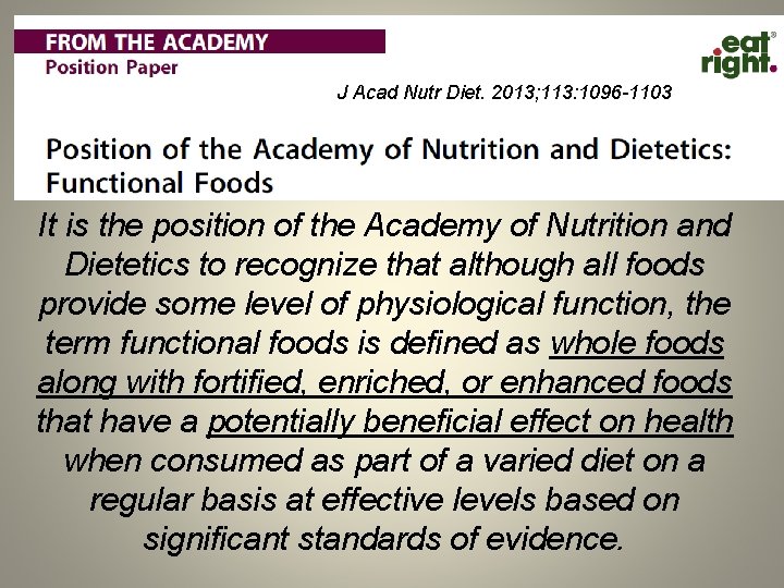 J Acad Nutr Diet. 2013; 113: 1096 -1103 It is the position of the