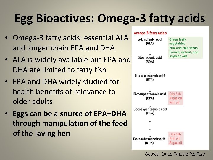 Egg Bioactives: Omega-3 fatty acids • Omega-3 fatty acids: essential ALA and longer chain