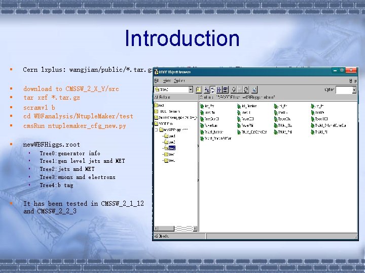 Introduction § Cern lxplus: wangjian/public/*. tar. gz § § § download to CMSSW_2_X_Y/src tar