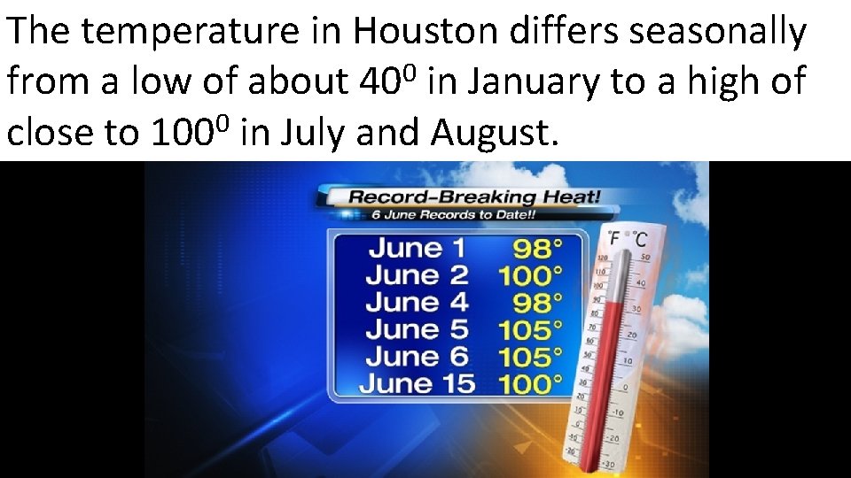The temperature in Houston differs seasonally 0 from a low of about 40 in