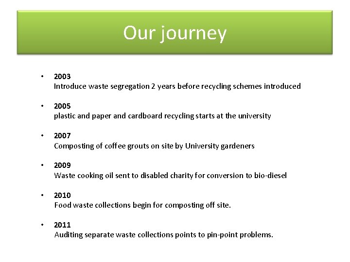 Our journey • 2003 Introduce waste segregation 2 years before recycling schemes introduced •