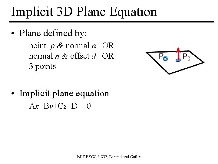 Implicit 3 D Plane Equation • Plane defined by: point p & normal n
