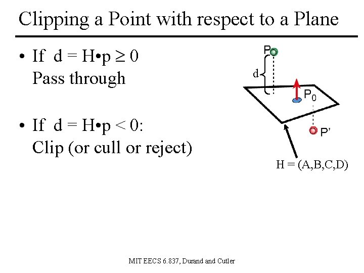 Clipping a Point with respect to a Plane • If d = H •