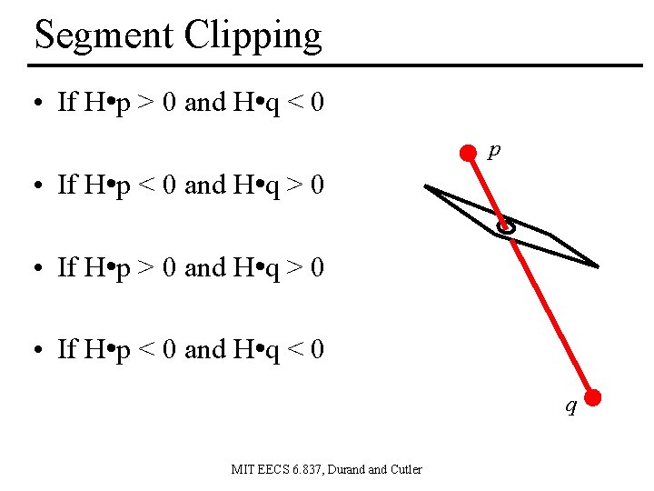 Segment Clipping • If H • p > 0 and H • q <