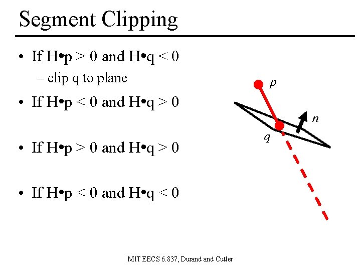 Segment Clipping • If H • p > 0 and H • q <