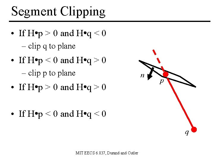 Segment Clipping • If H • p > 0 and H • q <