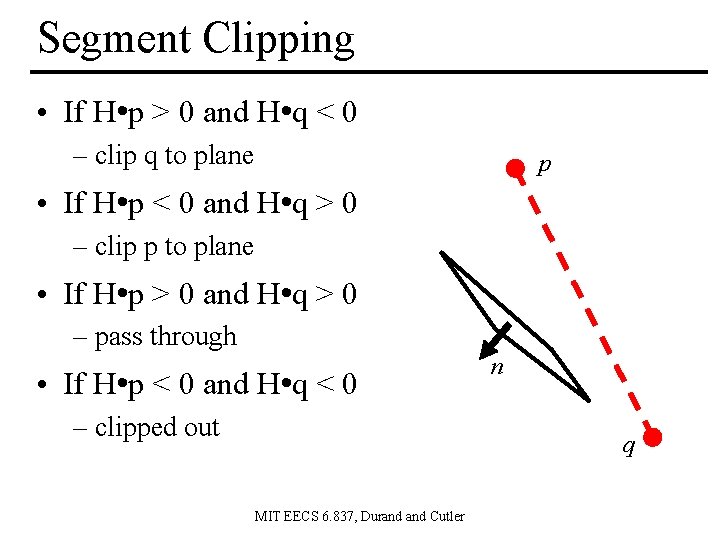 Segment Clipping • If H • p > 0 and H • q <