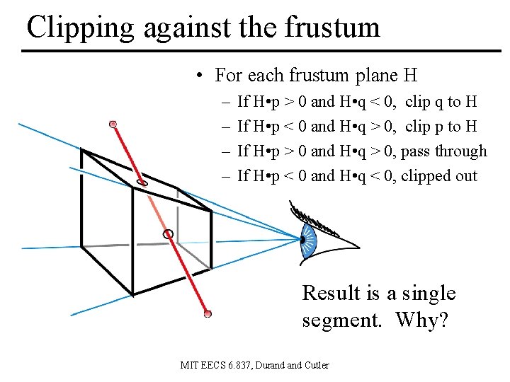 Clipping against the frustum • For each frustum plane H – – If H