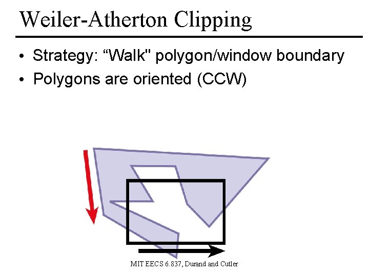 Weiler-Atherton Clipping • Strategy: “Walk" polygon/window boundary • Polygons are oriented (CCW) MIT EECS