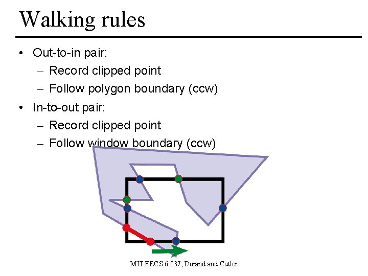 Walking rules • Out-to-in pair: – Record clipped point – Follow polygon boundary (ccw)