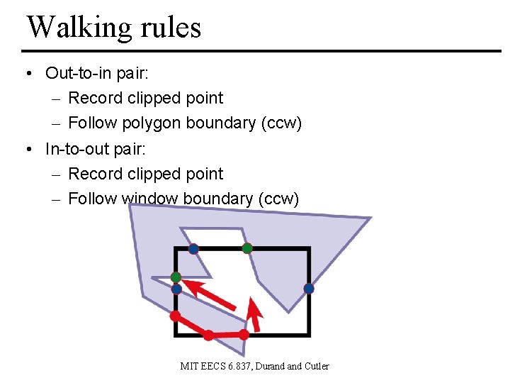 Walking rules • Out-to-in pair: – Record clipped point – Follow polygon boundary (ccw)