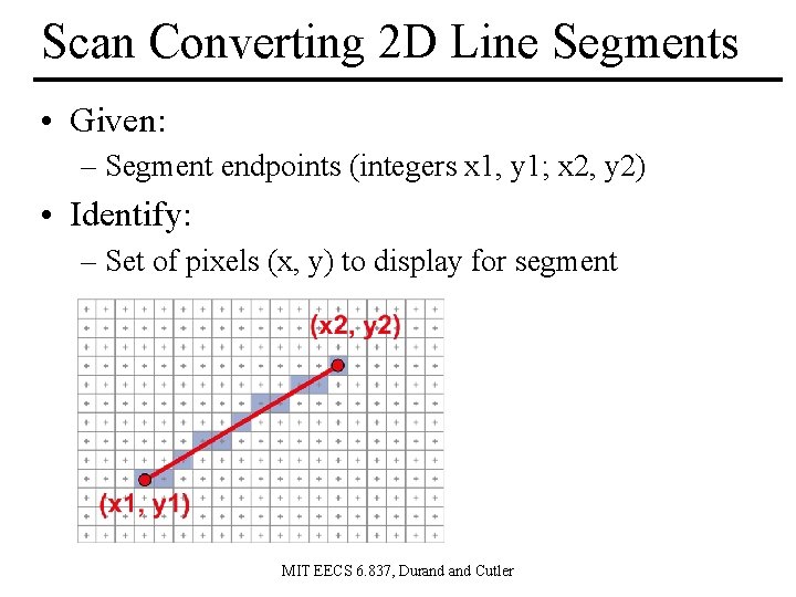 Scan Converting 2 D Line Segments • Given: – Segment endpoints (integers x 1,