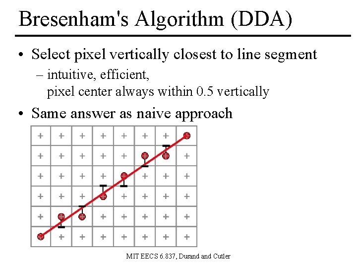 Bresenham's Algorithm (DDA) • Select pixel vertically closest to line segment – intuitive, efficient,