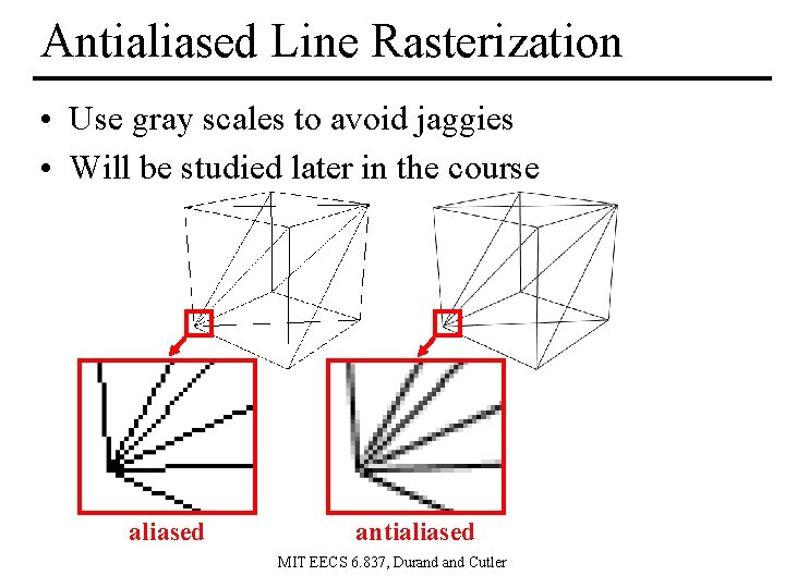 Antialiased Line Rasterization • Use gray scales to avoid jaggies • Will be studied