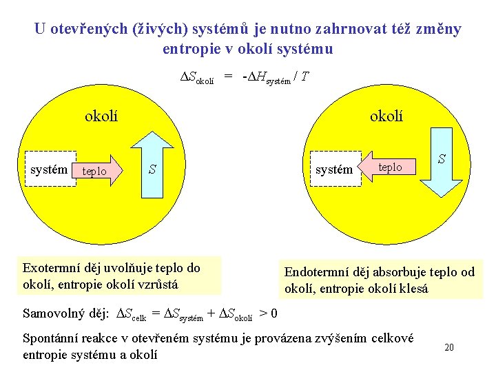 U otevřených (živých) systémů je nutno zahrnovat též změny entropie v okolí systému ΔSokolí