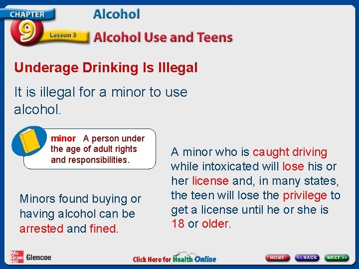 Underage Drinking Is Illegal It is illegal for a minor to use alcohol. minor