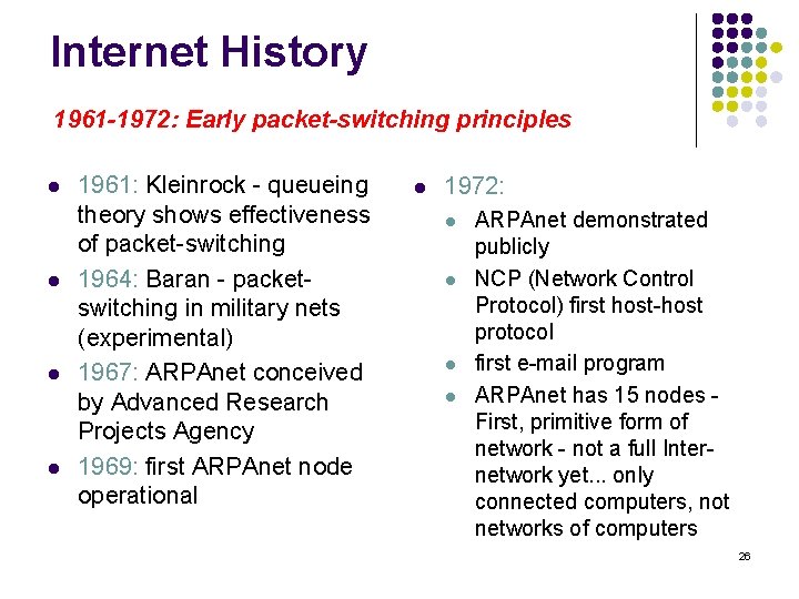 Internet History 1961 -1972: Early packet-switching principles l l 1961: Kleinrock - queueing theory