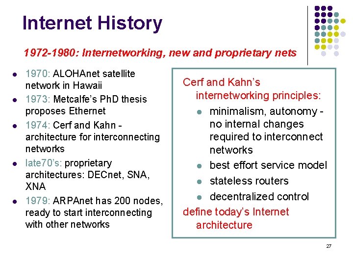 Internet History 1972 -1980: Internetworking, new and proprietary nets l l l 1970: ALOHAnet