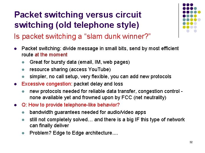 Packet switching versus circuit switching (old telephone style) Is packet switching a “slam dunk
